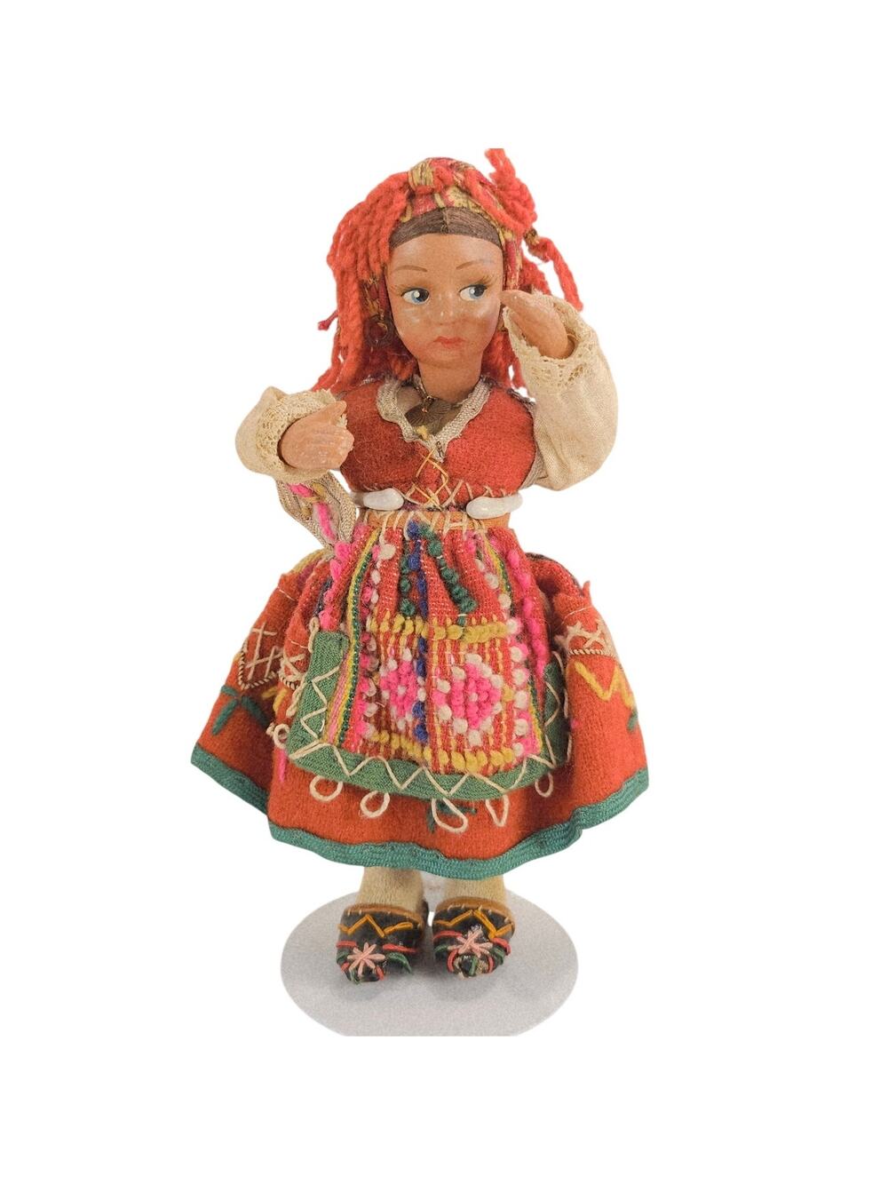 Vintage Handmade Ethnic Folk Art Doll Red Yarn Hair Embroidered Costume 7.5”